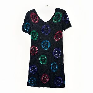Vintage JMC Black 100% Silk Beaded Sequin Floral Cocktail Party Dress Size S